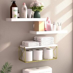 3+1 Tier Floating Shelves with Wire Storage Basket, Bathroom Shelves Over Toilet with Protective Metal Guardrail, Wood Wall Shelves for Kitchen, Bedroom, Living Room and Plants(Black)