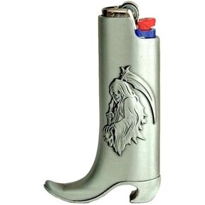 Retro Cowboy Boot Metal Lighter Case & Bottle Opener, Silver Grim Reaper Design, for Standard(J6) BIC Lighters by Katzone