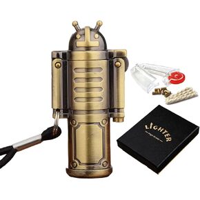 Robot Shaped Kerosene Lighter, Vintage Trench Lighter, Mini Metal Portable Pocket Lighter with 7 Flints and 1 Wick, Bronzy