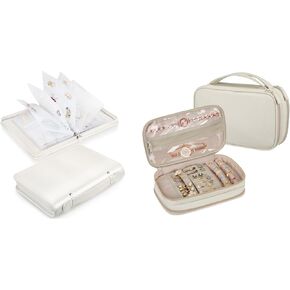 Bundle: Jewelry Travel Organizer Case PU Leather Jewelry Storage Book + Double Layer Jewelry Travel Organizer Case for Necklaces, Earrings, Bracelets(Pearl White+White) in Kuwait