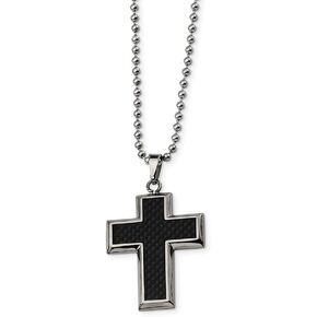 Solid Titanium Men's Black Carbon Fiber Inlay Cross 22in Pendant Necklace Charm Chain 22"