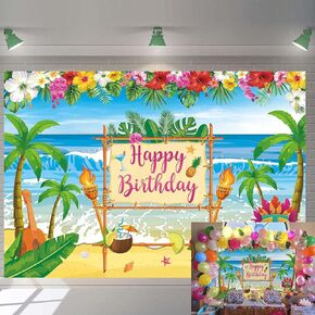 Summer Hawaiian Birthday Backdrop for Aloha Luau Party Decorations Banner Hawaiian Beach Photography Background Tropical Sea Palm Birthday Baby Shower Cake Table Decorations Banner