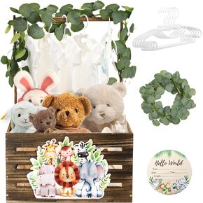 Wooden Baby Shower Crate Closet,Safari Animals Baby Basket with Handle,Baby Storage Crate Hamper,Baby Shower Gifts,Wooden Gift Crate,New Born Baby Gifts Basket for Girls Boys,Pregnancy New Parents