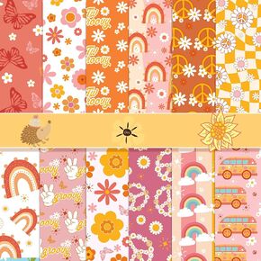 VIVIQUEN 24 Pack Floral Pattern Double-Sided Paper, 12-inches Hippie Groovy Daisy Rainbow Textured Scrapbook Paper Craft Paper Folded Flat for DIY Background Card Making Scrapbook Photo Album Decor