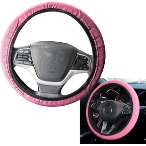 Leather Car Steering Wheel Cover, YUNXNYC Universal Auto Steering Wheel Protector Breathable Anti-Slip Elastic Steering Wheel Cover for Men Women (Pink)