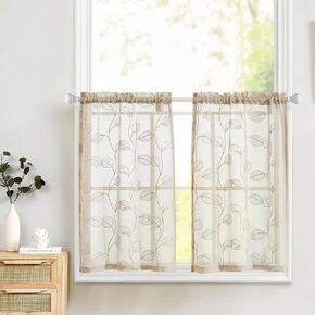 Topick Beige Sheer Kitchen Cafe Curtains Leaf Embroidered Voile Tiers Short Half Window Semi Sheer RV Camper Curtains Farmhouse Small Door Bathroom Basement Curtains 24 Inch Rod Pocket 2 Panels Beige