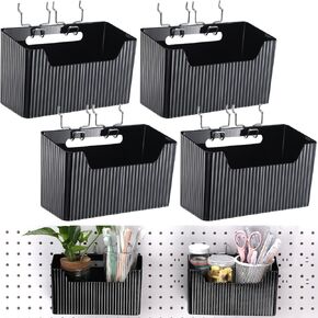 Suzile 4 Pcs Pegboard Bins Plastic Bins Set 7.9 x 3.3 x 4.7'' Pegboard Containers with Metal Hooks Organizing Assortment Accessories for Organizing Storage Tools Storage Workbench Garage (Black)