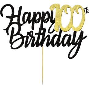 Happy 100th Birthday Cake Toppers Glitter 100th Anniversary Cake Topper 100 Years Loved Bday Decorations 100 Gold Birthday Cake Decorations One Hundred Party Supplies for Women Men(Black Gold)