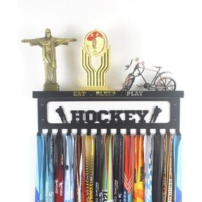 16" Premium Metal Wall Mount HOCKEY Design Medal Hanger and Ribbon Display Holder Rack with 3" Trophy Shelf and Easy Hanging Hooks - Great Gift for Kids & Adults (Black)