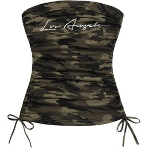 SOLY HUX Women's Camo Print Ruched Tube Top Sleeveless Strapless Rhinestone Drawstring Side Tops