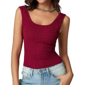 Tankaneo Womens Square Neck Tank Tops Summer Textured Slim Fit Sleeveless Shirts