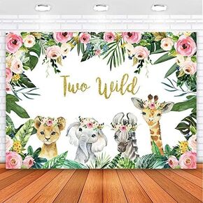 Avezano Two Wild Backdrop Jungle Safari Animals 2nd Birthday Photo Background Gold Two Wild Birthday Banner Backdrops for Cake Dessert Table Decor 5x3ft