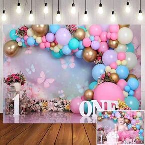 First Birthday Backdrop for Girl 1st One Year Old First Birthday Cake Smash Decor Backdrop Wonderland Flowers Butterfly Balloons Backdrop Newborn Baby Shower Cake Smash Banner 5x3ft…