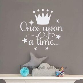 Once Upon A Time Wall Decal Fairytale Decal Princess Crown Decor Girls Bedroom Decor Kids Room Quotes (White,14"h x 14.5"w)