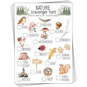 30 Pcs Nature Scavenger Hunt Cards, Find and Seek Camping Sheets, Woodland Themed Holiday Party Game Outdoor Activity for Family Friend -01
