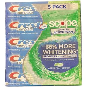 Crest Complete Toothpaste Plus Scope Advanced Active Foam, Striped, 8.2 Ounce (Pack of 5) in Kuwait