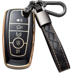 غطاء غطاء مفتاح Ford Key Fob مع سلسلة مفاتيح ناعمة من مادة TPU للحماية الكاملة، حامل غطاء مفتاح متوافق مع Explorer Fusion Escape Edge Expedition Mustang F150 F250 F350 F450 F550 5 أزرار، B-White