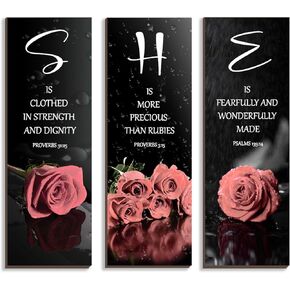 3 Pcs Pink Bedroom Decor Pink Rose Wooden Wall Decor Pink Bathroom Decor Inspirational Farmhouse Office Decor Signs With SHE Bible Words For Women Girl Bedroom Home Decor(Pink 12x4Inch)