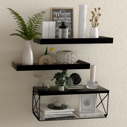 3+1 Tier Floating Shelves with Wire Storage Basket, Bathroom Shelves Over Toilet with Protective Metal Guardrail, Wood Wall Shelves for Kitchen, Bedroom, Living Room and Plants(Black) in Saudi Arabia