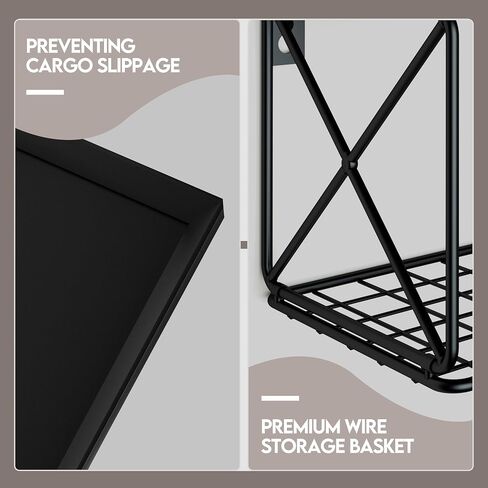 3+1 Tier Floating Shelves with Wire Storage Basket, Bathroom Shelves Over Toilet with Protective Metal Guardrail, Wood Wall Shelves for Kitchen, Bedroom, Living Room and Plants(Black) in Saudi Arabia