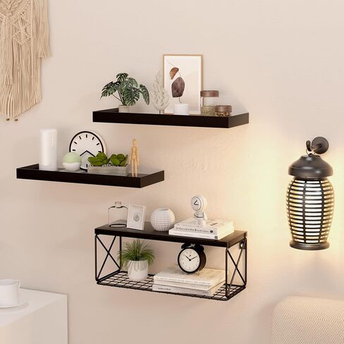 3+1 Tier Floating Shelves with Wire Storage Basket, Bathroom Shelves Over Toilet with Protective Metal Guardrail, Wood Wall Shelves for Kitchen, Bedroom, Living Room and Plants(Black) in Saudi Arabia