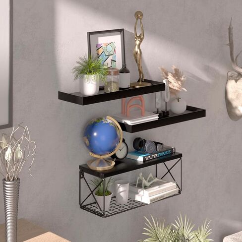 3+1 Tier Floating Shelves with Wire Storage Basket, Bathroom Shelves Over Toilet with Protective Metal Guardrail, Wood Wall Shelves for Kitchen, Bedroom, Living Room and Plants(Black) in Saudi Arabia