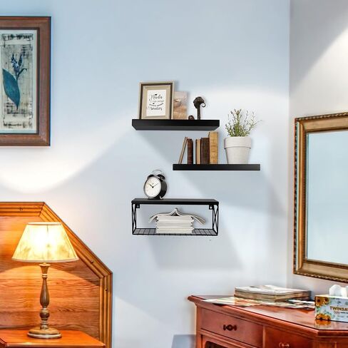 3+1 Tier Floating Shelves with Wire Storage Basket, Bathroom Shelves Over Toilet with Protective Metal Guardrail, Wood Wall Shelves for Kitchen, Bedroom, Living Room and Plants(Black) in Saudi Arabia