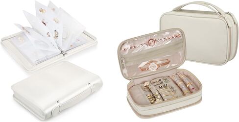 Bundle: Jewelry Travel Organizer Case PU Leather Jewelry Storage Book + Double Layer Jewelry Travel Organizer Case for Necklaces, Earrings, Bracelets(Pearl White+White) in Kuwait