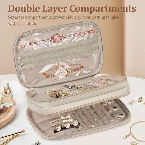 Bundle: Jewelry Travel Organizer Case PU Leather Jewelry Storage Book + Double Layer Jewelry Travel Organizer Case for Necklaces, Earrings, Bracelets(Pearl White+White) in Kuwait