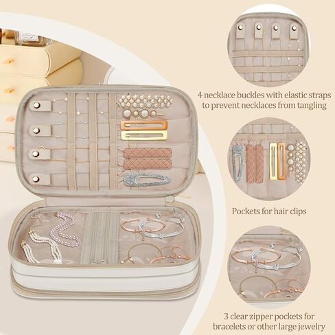 Bundle: Jewelry Travel Organizer Case PU Leather Jewelry Storage Book + Double Layer Jewelry Travel Organizer Case for Necklaces, Earrings, Bracelets(Pearl White+White) in Kuwait