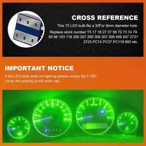 12 قطعة لمبة T5 LED، مصابيح إضاءة LED، 3030 رقاقة فائقة السطوع 74 73 37 2721 لمبات إضاءة LED Canbus خالية من الأخطاء لمقياس لوحة أجهزة قياس لوحة أجهزة القياس التلقائية (أخضر) in Saudi Arabia