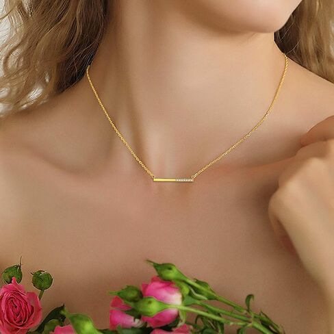 SISGEM 14K Yellow Gold Bar Pendant Necklace for Women, Delicate Gold Horizontal Bar Pendant with Finest Cubic Zirconia Jewelry Gift for Her, Wife Mother Girl in Saudi Arabia