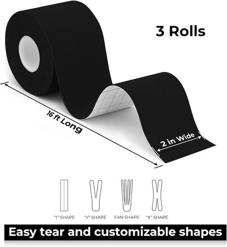 Kinetic Tape 3 Rolls 2inch x 16ft Breathable Latex Free Waterproof Elastic Athletic Tape for Ankle Wrists Knees Elastic Running Tennis Swimming Football Sports Activities Tape Muscle Pain Relief Black in Saudi Arabia