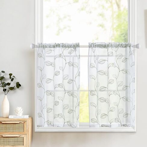 topick sage الأخضر شير المطبخ مقهى الستائر ورقة مطرزة الفوال طبقات قصيرة نصف نافذة شبه شير rv العربة الستائر مزرعة باب صغير الحمام الطابق السفلي الستائر 36 بوصة قضيب جيب 2 لوحات in Kuwait