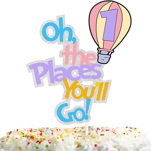 Colorful Glitter Oh The Places You Will Go 1 Cake Topper Hot Air Balloon Travel Bon Voyage Graduation Theme Decor Supplies Baby Shower Girl Boy Happy Birthday Party Decorations in Kuwait
