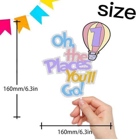 Colorful Glitter Oh The Places You Will Go 1 Cake Topper Hot Air Balloon Travel Bon Voyage Graduation Theme Decor Supplies Baby Shower Girl Boy Happy Birthday Party Decorations in Kuwait