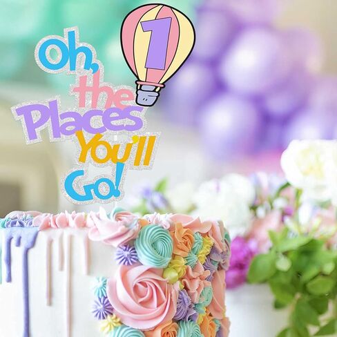 Colorful Glitter Oh The Places You Will Go 1 Cake Topper Hot Air Balloon Travel Bon Voyage Graduation Theme Decor Supplies Baby Shower Girl Boy Happy Birthday Party Decorations in Kuwait