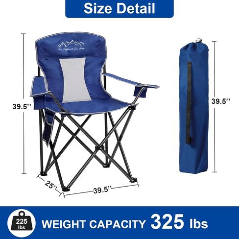 Heavy Duty Lawn Foldable Cooler, Storage Pocket, Waterproof Bag Outdoor Arm Sport Chair, Supports 325LBS, Blue in Saudi Arabia