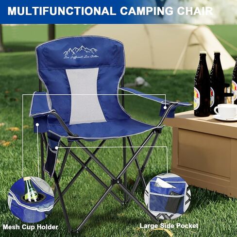 Heavy Duty Lawn Foldable Cooler, Storage Pocket, Waterproof Bag Outdoor Arm Sport Chair, Supports 325LBS, Blue in Saudi Arabia