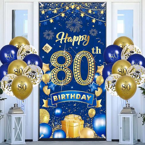 زينة حفلة عيد الميلاد الثمانين للرجال باللون الأزرق الداكن والذهبي، لافتة عيد ميلاد سعيد 80 مع 18 قطعة بالونات 80، خلفية غطاء الباب 80 للرجال والنساء، لافتة عيد ميلاد، لوازم ديكور الشرفة in Kuwait