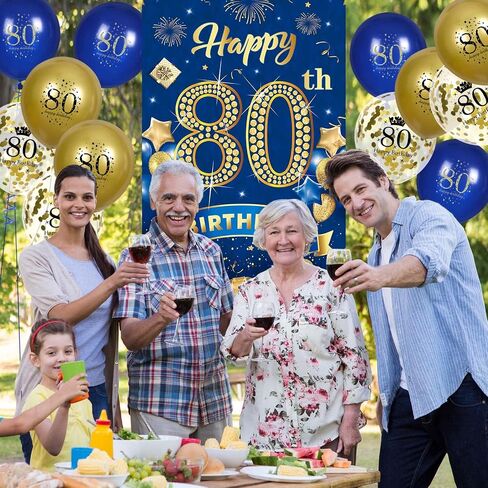 زينة حفلة عيد الميلاد الثمانين للرجال باللون الأزرق الداكن والذهبي، لافتة عيد ميلاد سعيد 80 مع 18 قطعة بالونات 80، خلفية غطاء الباب 80 للرجال والنساء، لافتة عيد ميلاد، لوازم ديكور الشرفة in Kuwait