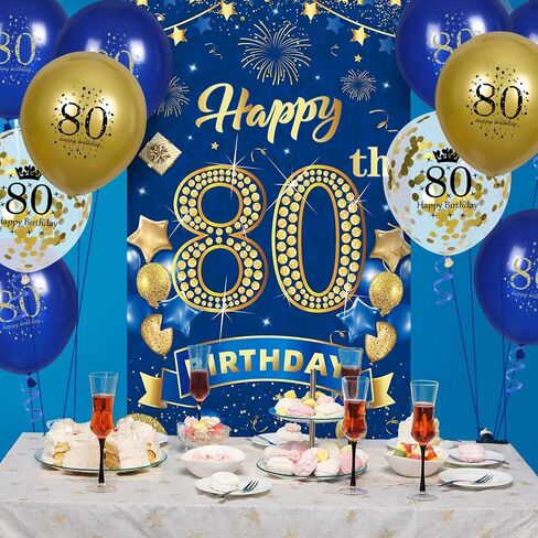 زينة حفلة عيد الميلاد الثمانين للرجال باللون الأزرق الداكن والذهبي، لافتة عيد ميلاد سعيد 80 مع 18 قطعة بالونات 80، خلفية غطاء الباب 80 للرجال والنساء، لافتة عيد ميلاد، لوازم ديكور الشرفة in Kuwait