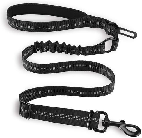 4.0 FT Bungee Dog Leash for Small, Medium and Large Dogs, Reflective Pet Training Long Traffic Leash with Car Seat Belt. (SMALL, BLACK) in Saudi Arabia