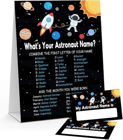 Greeting Card - What's Your Astronaut Name Birthday Party Game, 1 Sign & 30 Stickers - Space Theme for Kids & Teens - GAME-011 in Saudi Arabia