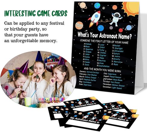 Greeting Card - What's Your Astronaut Name Birthday Party Game, 1 Sign & 30 Stickers - Space Theme for Kids & Teens - GAME-011 in Saudi Arabia