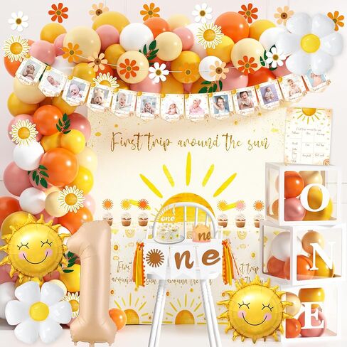 First Trip Around The Sun Birthday Party Decorations Boho Sun Theme 1st Birthday Party Supplies for Girl Boy 1 Year Old Birthday Decorations Balloon Blocks Garland Banner Tablecloth Backdrop in Kuwait