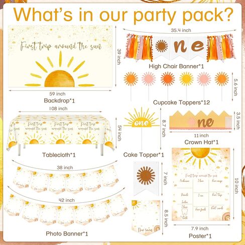 First Trip Around The Sun Birthday Party Decorations Boho Sun Theme 1st Birthday Party Supplies for Girl Boy 1 Year Old Birthday Decorations Balloon Blocks Garland Banner Tablecloth Backdrop in Kuwait