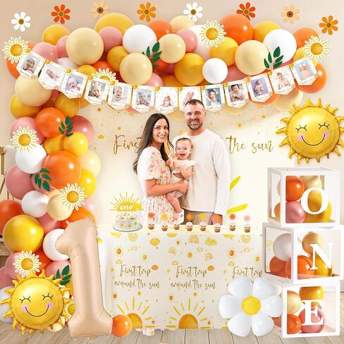 First Trip Around The Sun Birthday Party Decorations Boho Sun Theme 1st Birthday Party Supplies for Girl Boy 1 Year Old Birthday Decorations Balloon Blocks Garland Banner Tablecloth Backdrop in Kuwait