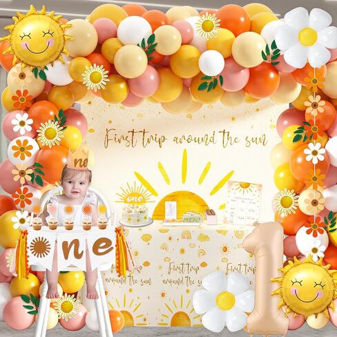 First Trip Around The Sun Birthday Party Decorations Boho Sun Theme 1st Birthday Party Supplies for Girl Boy 1 Year Old Birthday Decorations Balloon Blocks Garland Banner Tablecloth Backdrop in Kuwait