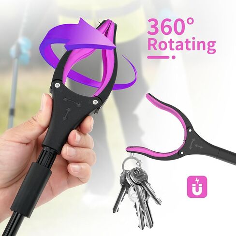Jellas 44 Inch Reacher Grabber Tool with Shoehorn, 360° Rotating Head, Foldable Claw Grabber with Strong Grip Magnetic Tip, Reaching Assist Tool for Trash Pick Up, Litter Picker (Purple) in Kuwait